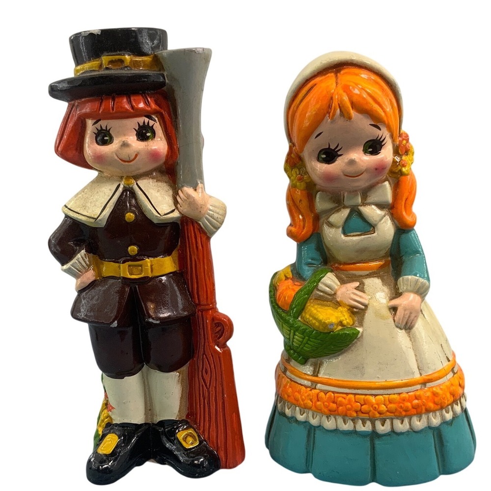 Vintage Inarco Japan Thanksgiving Pilgrim Figurines Set E3481 Mid Century Decor